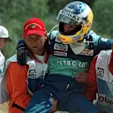 Nick Heidfeld (GER) Sauber is carried to safety after a huge accident with Takuma Sato (JPN) Jordan Honda. Formula One World Championship, Rd6, Austrian Grand Prix, A1-Ring, Austria. 12 May 2002.  ©Sutton Motorsport Images