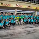 Race winner Lewis Hamilton (GBR) Mercedes AMG F1 and Nico Rosberg (GER) Mercedes AMG F1 celebrate with the team at Formula One World Championship, Rd4, Bahrain Grand Prix Race, Bahrain International Circuit, Sakhir, Bahrain, Sunday 19  April 2015. © Sutton Motorsport Images