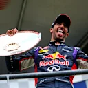 Racewinner Daniel Ricciardo atop the podium at Spa-Francorchamps © Sutton Motorsport Images