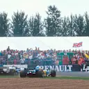 Damon Hill (Williams FW17 Renault) and Michael Schumacher (Benetton B195 Renault) collide on lap 46 at Silverstone. World Copyright - LAT Photographic