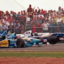 Damon Hill (Williams FW17 Renault) and Michael Schumacher (Benetton B195 Renault) collide on lap 46 at Silverstone © Sutton Motorsport Images