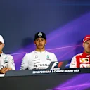 (L to R): Nico Rosberg (GER) Mercedes AMG F1, Lewis Hamilton (GBR) Mercedes AMG F1 and Sebastian Vettel (GER) Ferrari in the Press Conference at Formula One World Championship, Rd3, Chinese Grand Prix, Race, Shanghai, China, Sunday 12 April 2015. © Sutton Motorsport Images