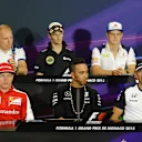 Valtteri Bottas (FIN) Williams, Romain Grosjean (FRA) Lotus F1, Marcus Ericsson (SWE) Sauber, Kimi Raikkonen (FIN) Ferrari, Lewis Hamilton (GBR) Mercedes AMG F1 and Jenson Button (GBR) McLaren at the Press Conference at Formula One World Championship, Rd6, Monaco Grand Prix Preparations, Monte-Carlo, Monaco, Wednesday 20 May 2015. © Sutton Motorsport Images