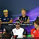 Felipe Nasr (BRA) Sauber, Nico Rosberg (GER) Mercedes AMG F1, Daniil Kyvat (RUS) Red Bull Racing, Carlos Sainz jr (ESP) Scuderia Toro Rosso, Fernando Alonso (ESP) McLaren and Roberto Merhi (SPA) Marussia in the press conference at Formula One World Championship, Rd5, Spanish Grand Prix Preparations, Barcelona, Spain, Thursday 7 May 2015. © Sutton Motorsport Images