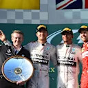 Podium (L to R): Dr. Thomas Weber (GER) Daimler AG, second placed Nico Rosberg (GER) Mercedes AMG F1, race winner Lewis Hamilton (GBR) Mercedes AMG F1 and third place Sebastian Vettel (GER) Ferrari celebrate on the podium © Sutton Motorsport Images
