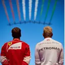 Ferrari's Sebastian Vettel and Mercedes' Lewis Hamilton watch the aero display at Formula One World Championship, Rd12, Italian Grand Prix, Race, Monza, Italy, Sunday 6 September 2015. © Guido De Bortoli