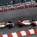 Ayrton Senna (BRA) McLaren MP4/7A manages to stay ahead of Nigel Mansell (GBR) Williams FW14B in a fierce battle at the end of the race.
Monaco Grand Prix, Monte-Carlo, 31 May 1992
 © Sutton Motorsport Images
