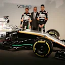 (L to R): Sergio Perez (MEX) with Dr. Vijay Mallya (IND) Sahara Force India F1 Team Owner and Esteban Ocon (FRA). Sahara Force India F1 VJM10 Launch, Wednesday 22nd February 2017. Silverstone, England. © Sahara Force India
