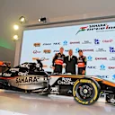 (L to R): Nico Hulkenberg (GER) Force India F1, Dr. Vijay Mallya (IND) Force India Formula One Team Owner and Sergio Perez (MEX) Force India at the Sahara Force India 2015 Team Launch, Museo Soumaya, Mexico City, Mexico, 21 January 2015. ©Force India