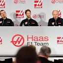 (R-L) Gene Haas, owner of Haas F1 Team, speaks with the media as Romain Grosjean of France and Guenther Steiner, team principal of Haas F1 Team, look on as Haas F1 Team announces Grosjean as their driver for the upcoming 2016 Formula 1 season on September 29, 2015 in Kannapolis, North Carolina © 2015 Getty Images