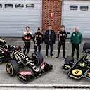 Lotus drivers Romain Grosjean (left), Pastor Maldonado (second left) and Jolyon Palmer (second right), with the current Lotus E23 Hybrid (left) and the historic Lotus 72 E-5, Brands Hatch, UK, April 27, 2015 © Lotus F1 Team