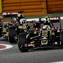 Pastor Maldonado (VEN) Lotus E23 Hybrid leads Romain Grosjean (FRA) Lotus E23 Hybrid at Formula One World Championship, Rd4, Bahrain Grand Prix Race, Bahrain International Circuit, Sakhir, Bahrain, Sunday 19  April 2015. © Sutton Motorsport Images