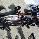 Jenson Button (GBR) McLaren retires from the race in the pits at Formula One World Championship, Rd2, Malaysian Grand Prix, Race, Sepang, Malaysia, Sunday 29 March 2015. © Sutton Motorsport Images