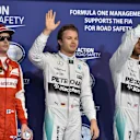 (L to R): Kimi Raikkonen (FIN) Ferrari, Pole sitter Nico Rosberg (GER) Mercedes AMG F1 and Lewis Hamilton (GBR) Mercedes AMG F1 celebrate in parc ferme at Formula One World Championship, Rd19, Abu Dhabi Grand Prix, Qualifying, Yas Marina Circuit, Abu Dhabi, UAE, Saturday 28 November 2015. © Sutton Motorsport Images