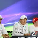 Lewis Hamilton (GBR) Mercedes AMG F1, Nico Rosberg (GER) Mercedes AMG F1 and Kimi Raikkonen (FIN) Ferrari in the press conference at Formula One World Championship, Rd19, Abu Dhabi Grand Prix, Qualifying, Yas Marina Circuit, Abu Dhabi, UAE, Saturday 28 November 2015. © Sutton Motorsport Images