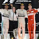 (L to R): Lewis Hamilton (GBR) Mercedes AMG F1, Kim Stevens (GBR) Mercedes AMG F1 Track Aerodynamicist, race winner Nico Rosberg (GER) Mercedes AMG F1 and Kimi Raikkonen (FIN) Ferrari celebrate on the podium at Formula One World Championship, Rd19, Abu Dhabi Grand Prix, Race, Yas Marina Circuit, Abu Dhabi, UAE, Sunday 29 November 2015. © Sutton Motorsport Images