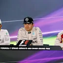 (L to R): Lewis Hamilton (GBR) Mercedes AMG F1, Nico Rosberg (GER) Mercedes AMG F1 and Kimi Raikkonen (FIN) Ferrari in the press conference at Formula One World Championship, Rd19, Abu Dhabi Grand Prix, Race, Yas Marina Circuit, Abu Dhabi, UAE, Sunday 29 November 2015. © Sutton Motorsport Images