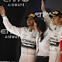 (L to R): Lewis Hamilton (GBR) Mercedes AMG F1, Kim Stevens (GBR) Mercedes AMG F1 Track Aerodynamicist, race winner Nico Rosberg (GER) Mercedes AMG F1 and Kimi Raikkonen (FIN) Ferrari celebrate on the podium at Formula One World Championship, Rd19, Abu Dhabi Grand Prix, Race, Yas Marina Circuit, Abu Dhabi, UAE, Sunday 29 November 2015. © Sutton Motorsport Images