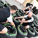 McLaren mechanics and Pirelli tyres at Formula One World Championship, Rd19, Abu Dhabi Grand Prix, Preparations, Yas Marina Circuit, Abu Dhabi, UAE, Thursday 26 November 2015. © Sutton Motorsport Images