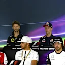 Romain Grosjean (FRA) Lotus F1, Daniil Kyvat (RUS) Red Bull Racing, Roberto Merhi (ESP) Marussia, Kimi Raikkonen (FIN) Ferrari, Lewis Hamilton (GBR) Mercedes AMG F1 and Fernando Alonso (ESP) McLaren in the press conferenceat Formula One World Championship, Rd19, Abu Dhabi Grand Prix, Preparations, Yas Marina Circuit, Abu Dhabi, UAE, Thursday 26 November 2015. © Sutton Motorsport Images