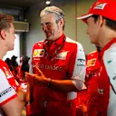 Sebastian Vettel (GER) Ferrari, Maurizio Arrivabene (ITA) Ferrari Team Principal and Esteban Gutierrez (MEX) Ferrari Test and Reserve Driver at a Santander event at Formula One World Championship, Rd19, Abu Dhabi Grand Prix, Preparations, Yas Marina Circuit, Abu Dhabi, UAE, Thursday 26 November 2015. © Sutton Motorsport Images