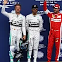 Nico Rosberg (GER) Mercedes AMG F1, pole sitter Lewis Hamilton (GBR) Mercedes AMG F1 and Sebastian Vettel (GER) Ferrari celebrate in parc ferme at Formula One World Championship, Rd8, Austrian Grand Prix, Qualifying, Spielberg, Austria, Saturday 20 June 2015. © Sutton Motorsport Images