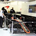 The car of non starter Jenson Button (GBR) McLaren MP4-30 in the garage at Formula One World Championship, Rd4, Bahrain Grand Prix Race, Bahrain International Circuit, Sakhir, Bahrain, Sunday 19  April 2015. © Sutton Motorsport Images