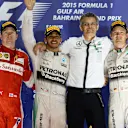 (L to R): Kimi Raikkonen (FIN) Ferrari, race winner Lewis Hamilton (GBR) Mercedes AMG F1 and Nico Rosberg (GER) Mercedes AMG F1 celebrate on the podium at Formula One World Championship, Rd4, Bahrain Grand Prix Race, Bahrain International Circuit, Sakhir, Bahrain, Sunday 19  April 2015. © Sutton Motorsport Images