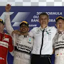 (L to R): Kimi Raikkonen (FIN) Ferrari, race winner Lewis Hamilton (GBR) Mercedes AMG F1 and Nico Rosberg (GER) Mercedes AMG F1 celebrate on the podium at Formula One World Championship, Rd4, Bahrain Grand Prix Race, Bahrain International Circuit, Sakhir, Bahrain, Sunday 19  April 2015. © Sutton Motorsport Images