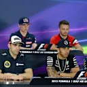 (L to R): Sergio Perez (MEX) Force India, Max Verstappen (NDL) Scuderia Toro Rosso, Will Stevens (GBR) Marussia, Pastor Maldonado (VEN) Lotus, Lewis Hamilton (GBR) Mercedes AMG F1 and Daniel Ricciardo at the Press Confernece at Formula One World Championship, Rd4, Bahrain Grand Prix Preparations, Bahrain International Circuit, Sakhir, Bahrain, Thursday 16  April 2015. © Sutton Motorsport Images