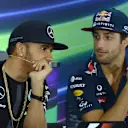 Lewis Hamilton (GBR) Mercedes AMG F1 and Daniel Ricciardo (AUS) Red Bull Racing at the press conference at Formula One World Championship, Rd4, Bahrain Grand Prix Preparations, Bahrain International Circuit, Sakhir, Bahrain, Thursday 16  April 2015. © Sutton Motorsport Images