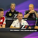 (L to R): Giampaolo Dall'ara, Sauber Head of Track Engineering, Nick Chester (GBR) Lotus Technical Director, Andrew Green (GBR) Force India Technical Director, James Allison (GBR) Ferrari Chassis Technical Director, Paddy Lowe (GBR) Mercedes AMG F1 Executive Director and Paul Monaghan (GBR) Red Bull Racing Chief Engineer in the Press Conference at Formula One World Championship, Rd11, Belgian Grand Prix, Practice, Spa Francorchamps, Belgium, Friday 21 August 2015. © Sutton Motorsport Images