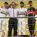 (L to R): Nico Rosberg (GER) Mercedes AMG F1, race winner Lewis Hamilton (GBR) Mercedes AMG F1 and Romain Grosjean (FRA) Lotus F1 celebrate on the podium at Formula One World Championship, Rd11, Belgian Grand Prix, Race, Spa Francorchamps, Belgium, Sunday 23 August 2015. © Sutton Motorsport Images