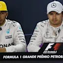 Lewis Hamilton (GBR) Mercedes AMG F1 and  pole sitter Nico Rosberg (GER) Mercedes AMG F1 in the Press Conference at Formula One World Championship, Rd18, Brazilian Grand Prix, Qualifying, Interlagos, Sao Paulo, Brazil, Saturday 14 November 2015. © Sutton Motorsport Images