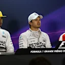 (L to R): Lewis Hamilton (GBR) Mercedes AMG F1, pole sitter Nico Rosberg (GER) Mercedes AMG F1 and Sebastian Vettel (GER) Ferrari in the Press Conference at Formula One World Championship, Rd18, Brazilian Grand Prix, Qualifying, Interlagos, Sao Paulo, Brazil, Saturday 14 November 2015. © Sutton Motorsport Images