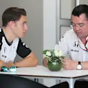 Stoffel Vandoorne (BEL) McLaren and Eric Boullier (FRA) McLaren Racing Director at Formula One World Championship, Rd18, Brazilian Grand Prix, Qualifying, Interlagos, Sao Paulo, Brazil, Saturday 14 November 2015. © Sutton Motorsport Images