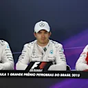 (L to R): Lewis Hamilton (GBR) Mercedes AMG F1, pole sitter Nico Rosberg (GER) Mercedes AMG F1 and Sebastian Vettel (GER) Ferrari in the Press Conference at Formula One World Championship, Rd18, Brazilian Grand Prix, Qualifying, Interlagos, Sao Paulo, Brazil, Saturday 14 November 2015. © Sutton Motorsport Images