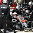 Jenson Button (GBR) McLaren MP4-30 pit stop at Formula One World Championship, Rd18, Brazilian Grand Prix, Race, Interlagos, Sao Paulo, Brazil, Sunday 15 November 2015. © Sutton Motorsport Images