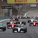 Nico Rosberg (GER) Mercedes AMG F1 W06 and Lewis Hamilton (GBR) Mercedes AMG F1 W06 battle at the start of the race at Formula One World Championship, Rd18, Brazilian Grand Prix, Race, Interlagos, Sao Paulo, Brazil, Sunday 15 November 2015. © Sutton Motorsport Images