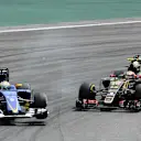 Marcus Ericsson (SWE) Sauber C34 and Pastor Maldonado (VEN) Lotus E23 Hybrid collide at Formula One World Championship, Rd18, Brazilian Grand Prix, Race, Interlagos, Sao Paulo, Brazil, Sunday 15 November 2015. © Sutton Motorsport Images