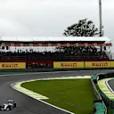 Nico Rosberg (GER) Mercedes AMG F1 W06 on track as Lewis Hamilton (GBR) Mercedes AMG F1 W06 exits pit lane at Formula One World Championship, Rd18, Brazilian Grand Prix, Race, Interlagos, Sao Paulo, Brazil, Sunday 15 November 2015. © Sutton Motorsport Images