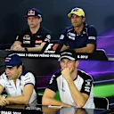 Max Verstappen (NDL) Scuderia Toro Rosso, Felipe Nasr (BRA) Sauber, Nico Hulkenberg (GER) Force India F1, Sebastian Vettel (GER) Ferrari, Felipe Massa (BRA) Williams and Jenson Button (GBR) McLaren in the press conference at Formula One World Championship, Rd18, Brazilian Grand Prix, Preparations, Interlagos, Sao Paulo, Brazil, Thursday 12 November 2015. © Sutton Motorsport Images