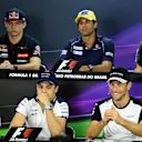Max Verstappen (NDL) Scuderia Toro Rosso, Felipe Nasr (BRA) Sauber, Nico Hulkenberg (GER) Force India F1, Sebastian Vettel (GER) Ferrari, Felipe Massa (BRA) Williams and Jenson Button (GBR) McLaren in the press conference at Formula One World Championship, Rd18, Brazilian Grand Prix, Preparations, Interlagos, Sao Paulo, Brazil, Thursday 12 November 2015. © Sutton Motorsport Images
