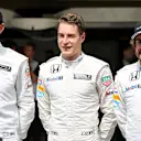 (L to R): Jenson Button (GBR) McLaren, Stoffel Vandoorne (BEL) McLaren and Fernando Alonso (ESP) McLaren at Formula One World Championship, Rd18, Brazilian Grand Prix, Preparations, Interlagos, Sao Paulo, Brazil, Thursday 12 November 2015. © Sutton Motorsport Images