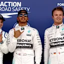(L to R): Felipe Massa (BRA) Williams, Pole sitter Lewis Hamilton (GBR) Mercedes AMG F1 and Nico Rosberg (GER) Mercedes AMG F1 celebrate in parc ferme at Formula One World Championship, Rd9, British Grand Prix, Qualifying, Silverstone, England, Saturday 4 July 2015. © Sutton Motorsport Images