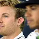 Lewis Hamilton (GBR) and Nico Rosberg (GER) Mercedes AMG F1 in the Qualifying Press Conference at Formula One World Championship, Rd9, British Grand Prix, Qualifying, Silverstone, England, Saturday 4 July 2015. © Sutton Motorsport Images