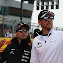 Sergio Perez (MEX) Force India and Jenson Button (GBR) McLaren at the drivers parade at Formula One World Championship, Rd9, British Grand Prix, Race, Silverstone, England, Sunday 5 July 2015. © Sutton Motorsport Images