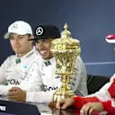 Nico Rosberg (GER) Mercedes AMG F1, Lewis Hamilton (GBR) Mercedes AMG F1 and Sebastian Vettel (GER) Ferrari in the press conference with the trophy   at Formula One World Championship, Rd9, British Grand Prix, Race, Silverstone, England, Sunday 5 July 2015. © Sutton Motorsport Images