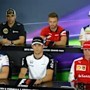 (L to R): Pastor Maldonado (VEN) Lotus, Will Stevens (GBR) Marussia, Marcus Ericsson (SWE) Sauber, Valtteri Bottas (FIN) Williams, Jenson Button (GBR) McLaren and Kimi Raikkonen (FIN) Ferrari in the press conference at Formula One World Championship, Rd9, British Grand Prix, Preparations, Silverstone, England, Thursday 2 July 2015. © Sutton Motorsport Images