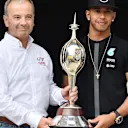 Lewis Hamilton (GBR) Mercedes AMG F1 receives the Hawthorn Memorial Trophy from Rob Jones (GBR) Chief Executive of the UK Motorsports Association (MSA) at Formula One World Championship, Rd9, British Grand Prix, Preparations, Silverstone, England, Thursday 2 July 2015. © Sutton Motorsport Images